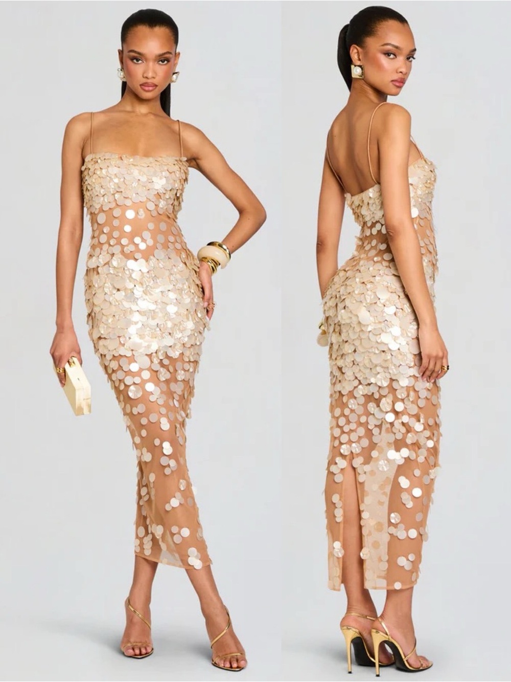 Retrofete Mischa Iridescent Sequin Embellished Tulle Dress Nude Champagne